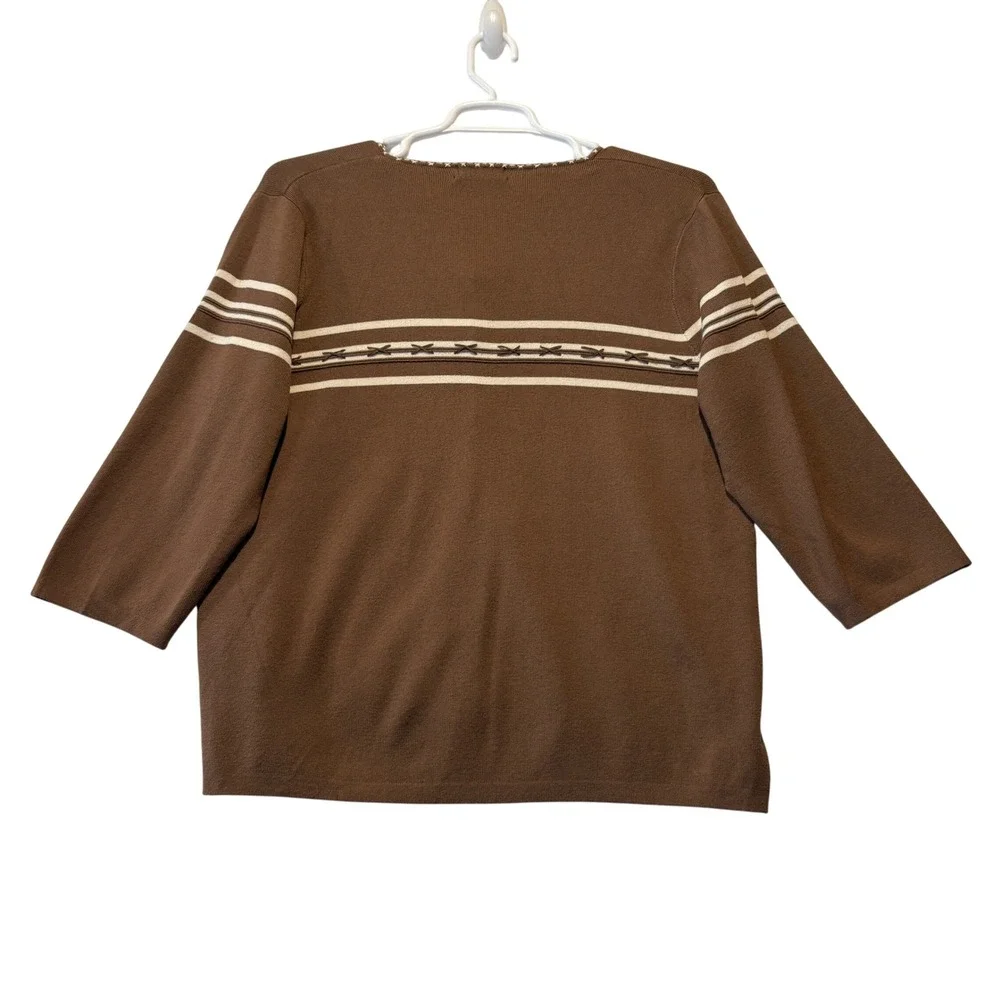 Vintage 2004 CJ Banks Hand Embroidered Cardigan Sweater‎ Brown Striped Bows 1X